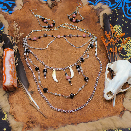 Coyote Teeth & Natural Stone | Layered Necklace & Earring Set | Gothic Beauty Collection