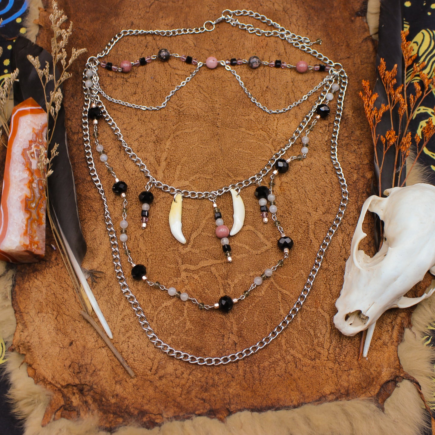 Coyote Teeth & Natural Stone | Layered Necklace & Earring Set | Gothic Beauty Collection