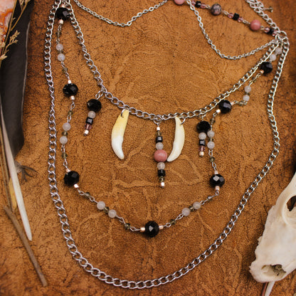 Coyote Teeth & Natural Stone | Layered Necklace & Earring Set | Gothic Beauty Collection