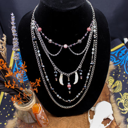 Coyote Teeth & Natural Stone | Layered Necklace & Earring Set | Gothic Beauty Collection